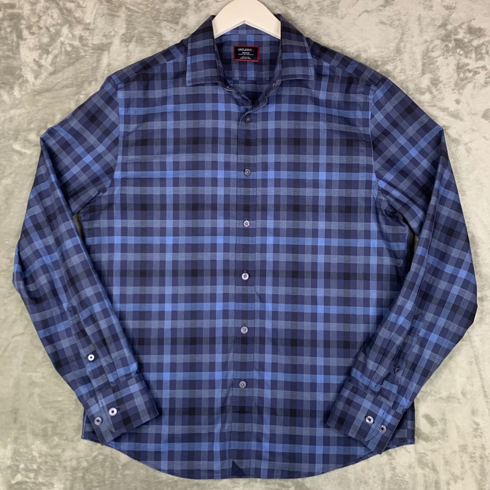 UNTUCKit Walton‎ WF Long Sleeve Shirt Mens M Regular Fit Blue Plaid Wrinkle Free